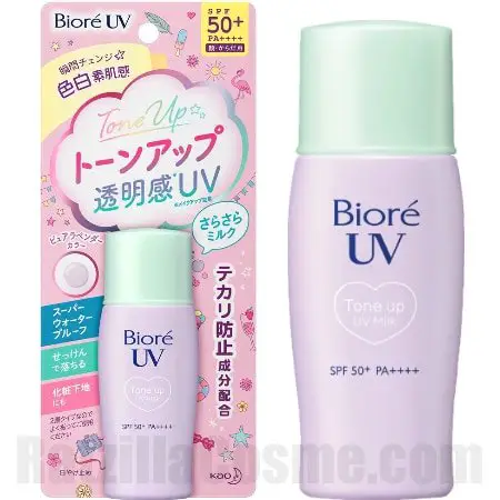 Biore UV Tone Up Milk, SPF50+ Japanese sunscreen fluid wih pink lavender tint