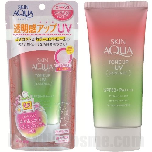 ROHTO SKIN AQUA Tone Up UV Essence Happiness Aura, Japanese colour-correct sunscreen with rose tint